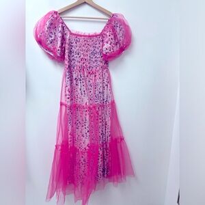 Bright Pink Tulle Midi dress with floral underlay. Smocked bodice
